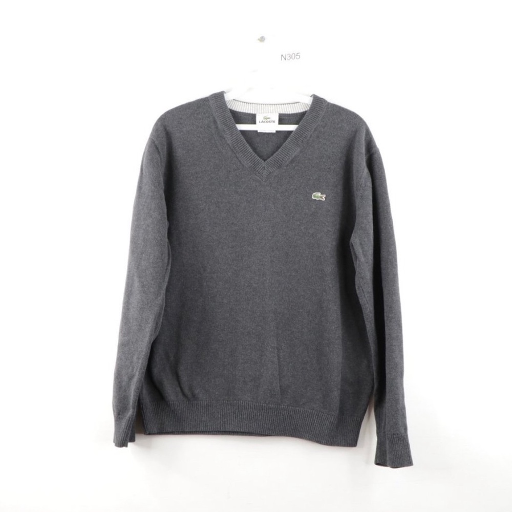 Lacoste Croc Logo V-Neck Long Sleeve Sweater Gray Vintage